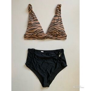 Aerie Large Bikini Set Tiger Print Top + Black Cutout High Waisted Bottom NWT